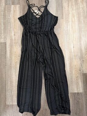Maurices Black Striped Jumpsuit with Crisscross Spaghetti Straps-size Large *NWT